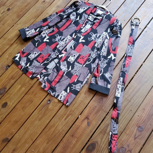 Vintage 80's 90's size 18 XL black red abstract long sleeve open jacket w/ belt - Picture 3 of 7